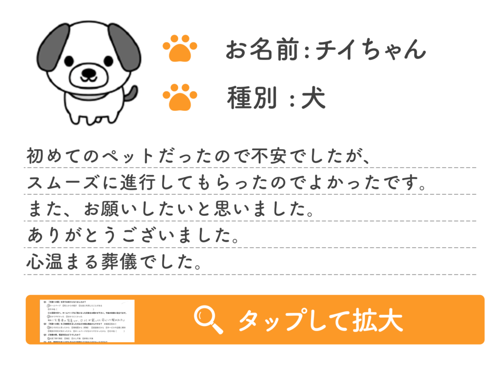 初めてのペットだったので不安でしたが、 スムーズに進行してもらったのでよかったです。 また、お願いしたいと思いました。 ありがとうございました。 心温まる葬儀でした。