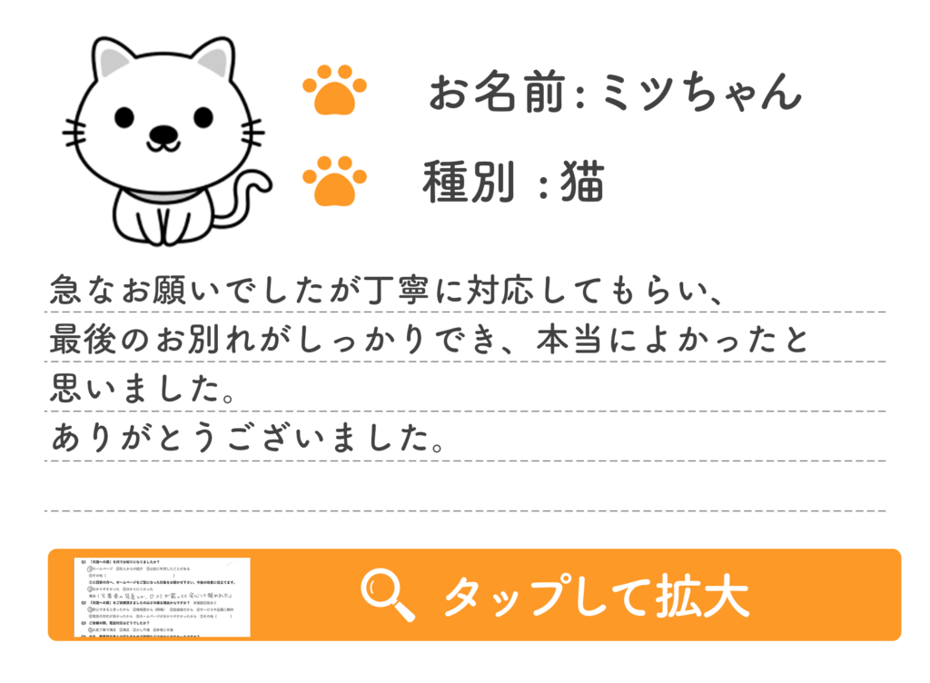 急なお願いでしたが丁寧に対応してもらい、 最後のお別れがしっかりでき、本当によかったと 思いました。 ありがとうございました。